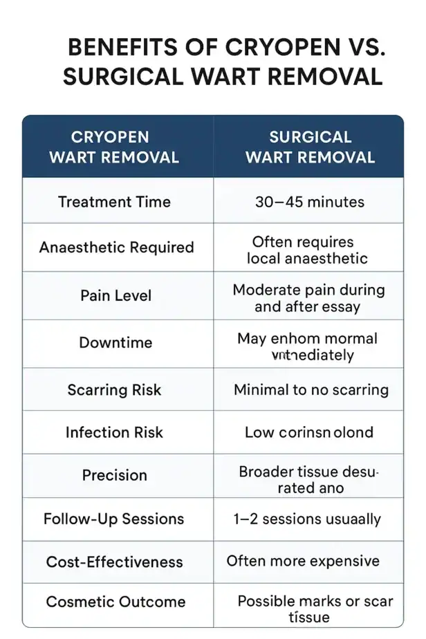 Table showing the benefits of cryopen to remove warts Sandwich compared to surgical treatment